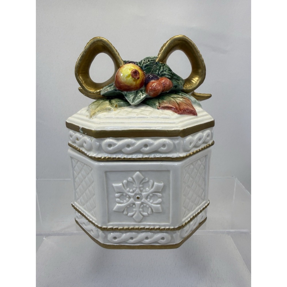 Fitz and Floyd Holiday Classics Hand Crafted Candy Jar With Lid Beautiful 5"